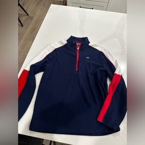 Vineyard Vines Men’s shep 1/4 zip, navy, red, and white, Medium